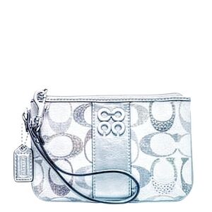 💙 NWT Coach Julia Embellished Sequin Signature Stripe Wristlet Bag Silver Blue
